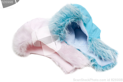 Image of Two winter baby fur hats, rose and blue