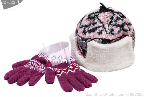 Image of Winter hat with fur and violet gloves