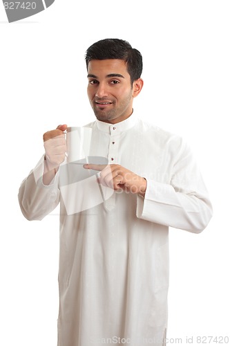 Image of Arab ethnic man showing coffee