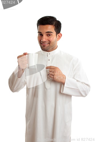 Image of Smiling ethnic arab man with coffee