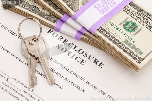 Image of House Keys, Stack of Money and Foreclosure Notice