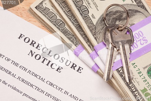 Image of House Keys, Stack of Money and Foreclosure Notice