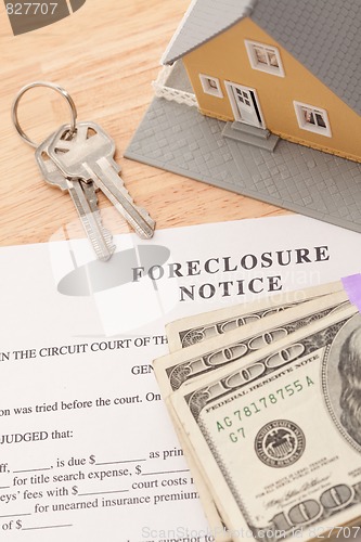 Image of Foreclosure Notice, Home, House Keys and Stack of Money
