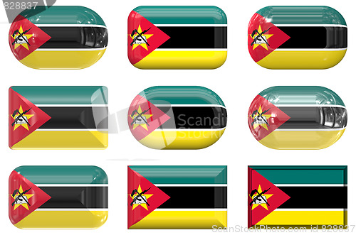 Image of nine glass buttons of the Flag of Mozambique