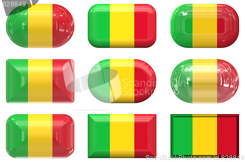 Image of nine glass buttons of the Flag of Mali