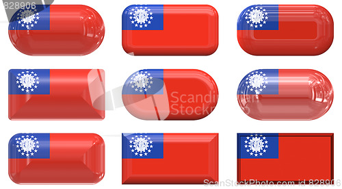 Image of nine glass buttons of the Flag of Myanmar