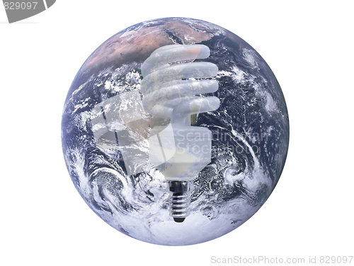 Image of Energy saving lamp against the background of the Earth