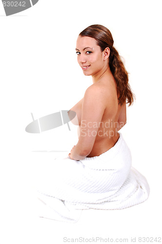Image of Topless girl in white towel.