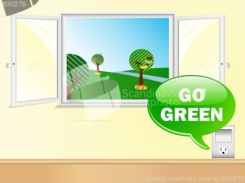 Image of Electric Outlet Saying Go Green with Beautiful Window. 