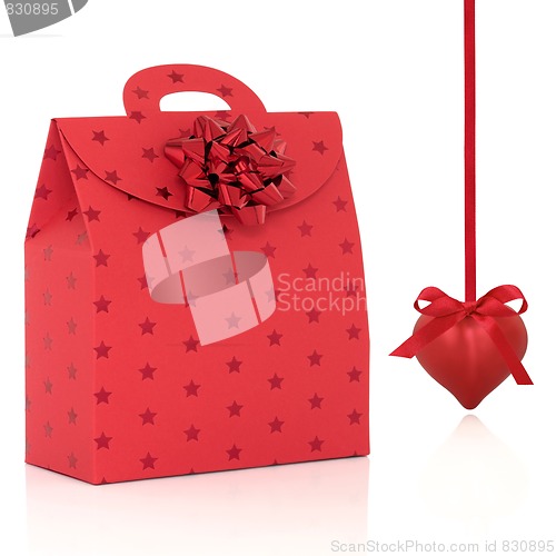Image of Red Gift Bag and Heart Shaped Bauble