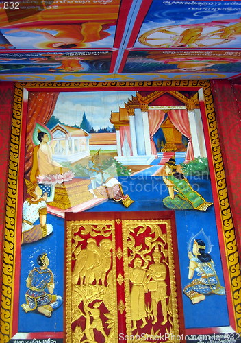 Image of Buddha's life on the wall. Huay Xai. Laos