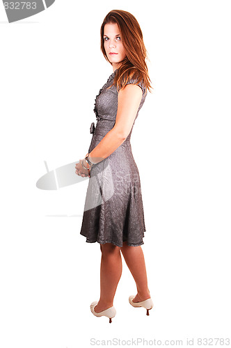 Image of Pretty girl in gray dress.