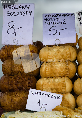 Image of Smoked cheese Oscypki on the market in Zakopane Poland