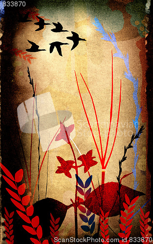 Image of floral composition with bird` silhouettes