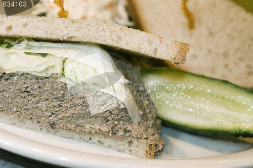 Image of chopped chicken liver kosher sandwich on jewish rye bread