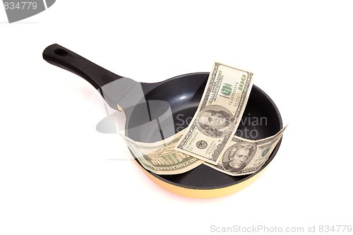 Image of Frying pan with dollar bills isolated