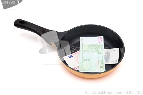 Image of Black frying pan with euro bills isolated