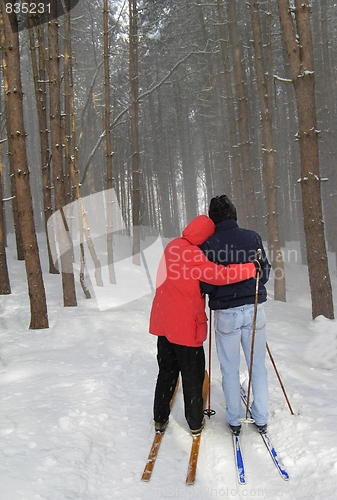 Image of a happy cross country skiing couple