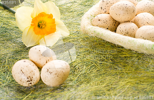 Image of Daffodil and basket with easter eggs