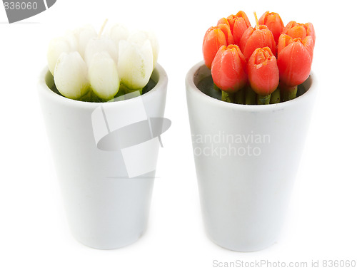 Image of Two glass with tulip in the manner of candles