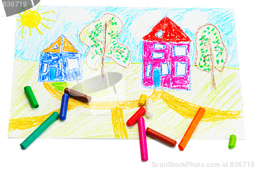 Image of Wax crayons and a children's drawing.