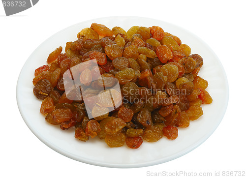 Image of Raisin on a white plate on a black background