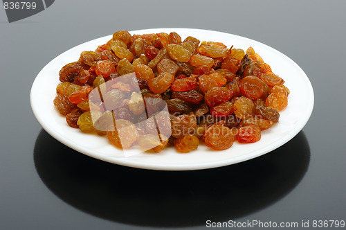 Image of Raisin on a white plate on a black background