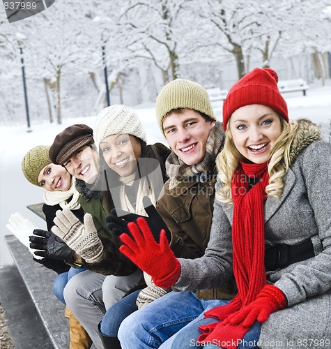 Image of Group of friends outside in winter