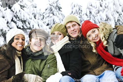 Image of Group of friends outside in winter