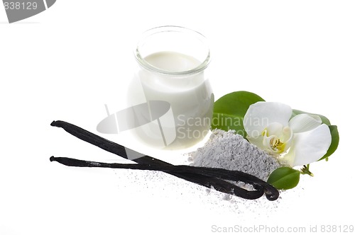 Image of vanilla beans with aromatic sugar, milk and flower