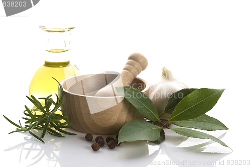 Image of Mortar and pestle, with fresh-picked herbs 