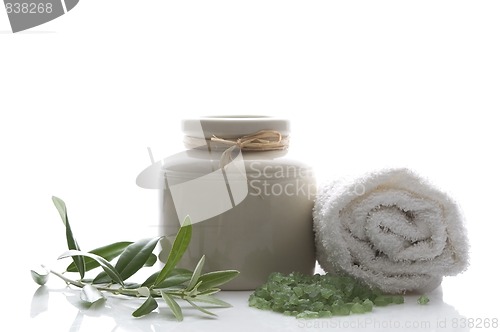 Image of fresh olive branch and bath salt. spa