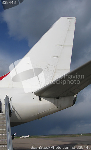 Image of White tail fin of a airliner Boeing 737