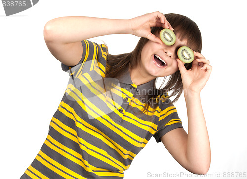 Image of Girl in striped cloth and kiwi instead of eye