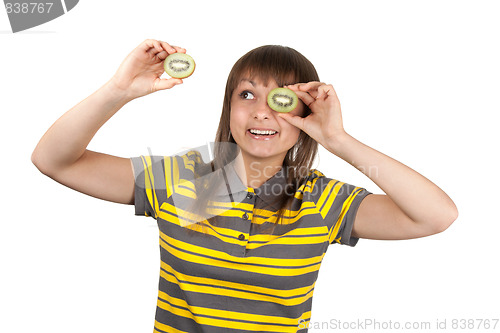 Image of Girl in striped cloth and kiwi instead of eye