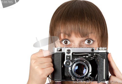 Image of Portrait young girl with old analog photo by camera