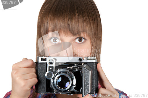 Image of Portrait young girl with old analog photo by camera