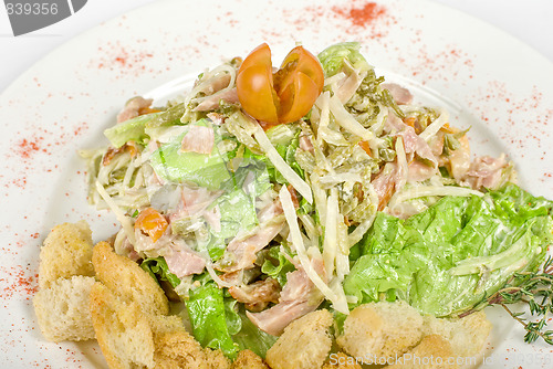 Image of salad of meat, vegetable and dried crust