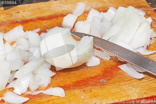 Image of Cutting onion on the wooden board