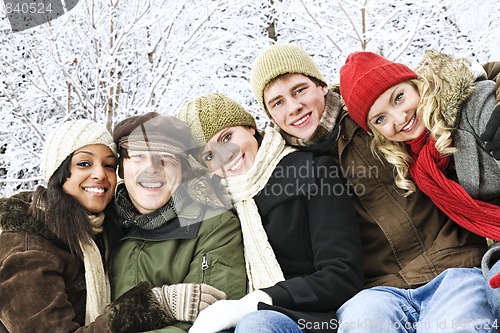 Image of Group of friends outside in winter