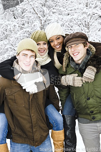 Image of Group of friends outside in winter