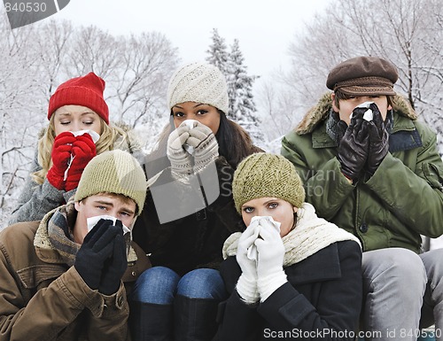 Image of Group of friends with colds outside in winter