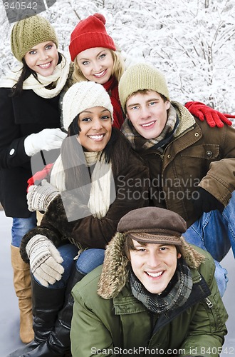 Image of Group of friends outside in winter