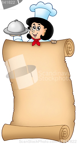 Image of Old scroll with lurking woman chef