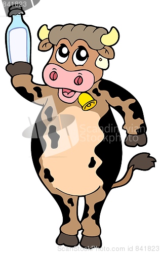 Image of Cartoon cow holding bottle of milk