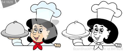 Image of Lurking woman chef with meal
