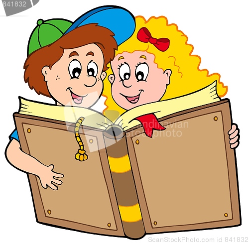 Image of School boy and girl reading book