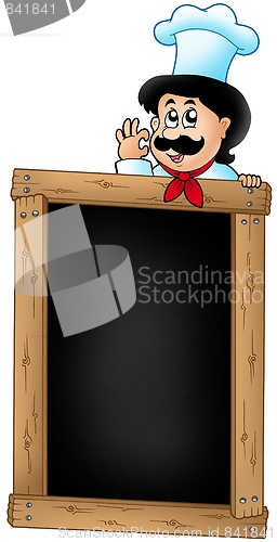 Image of Wooden blackboard with cartoon chef