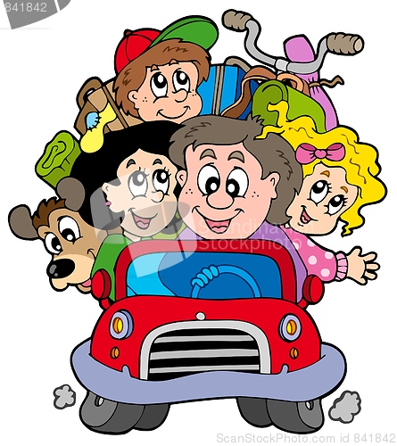 Image of Happy family in car on vacation