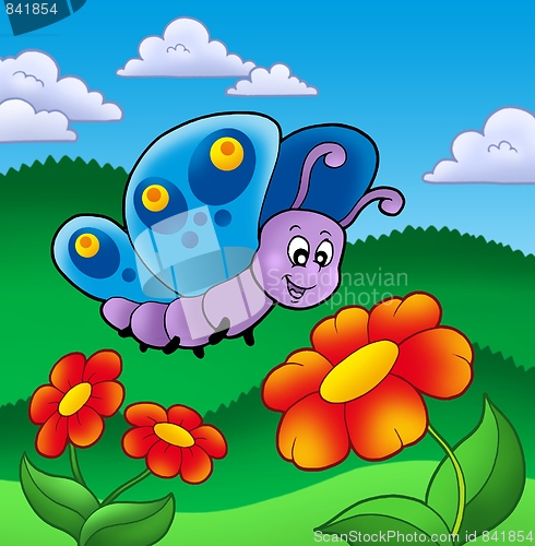 Image of Cute butterfly near red flowers